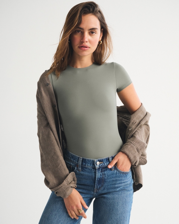 Snatched Seamless Tee Bodysuit, Olive Gray view 1