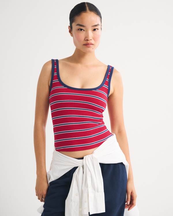 Bra-Free Rib Scoop Neck Tank, Spicy Red Stripe view 2