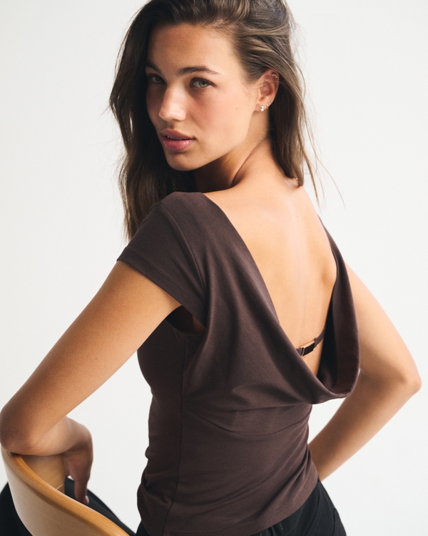 Bra-Free Short-Sleeve Cowl-Back Hardware Top, Dark Coffee view 2