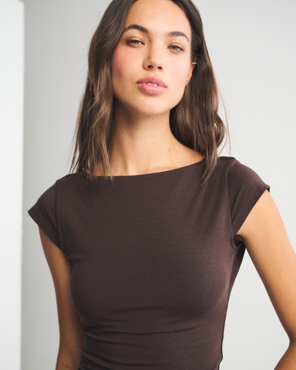 Bra-Free Short-Sleeve Cowl-Back Hardware Top