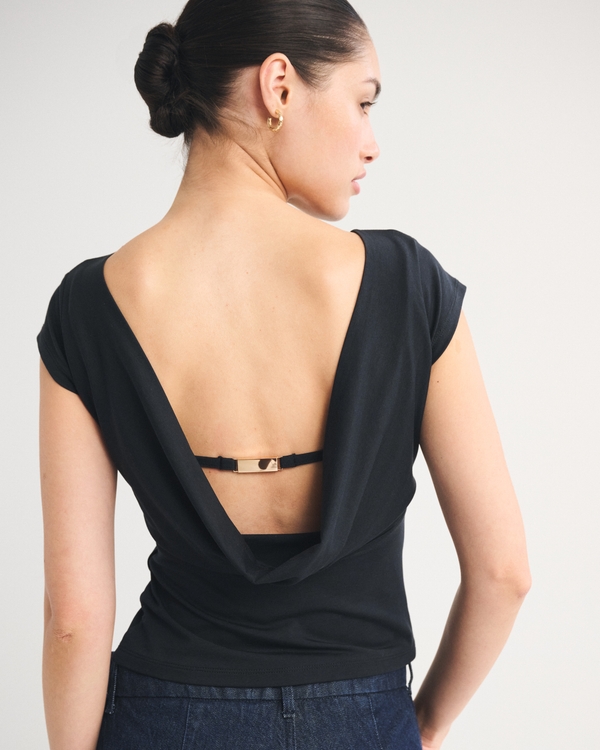 Bra-Free Short-Sleeve Cowl-Back Hardware Top, Black view 1