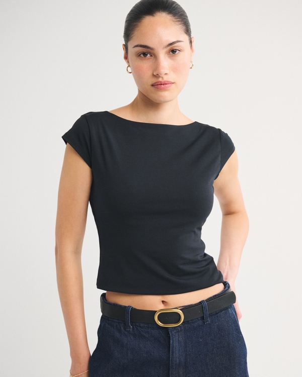 Bra-Free Short-Sleeve Cowl-Back Hardware Top, Black view 2