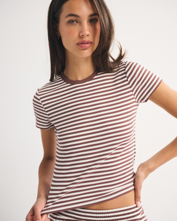 Lounge Rib Baby Tee, Brown Stripe view 1