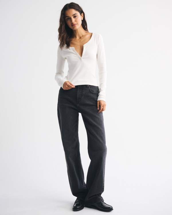 Long-Sleeve Rib Henley, Cream view 2