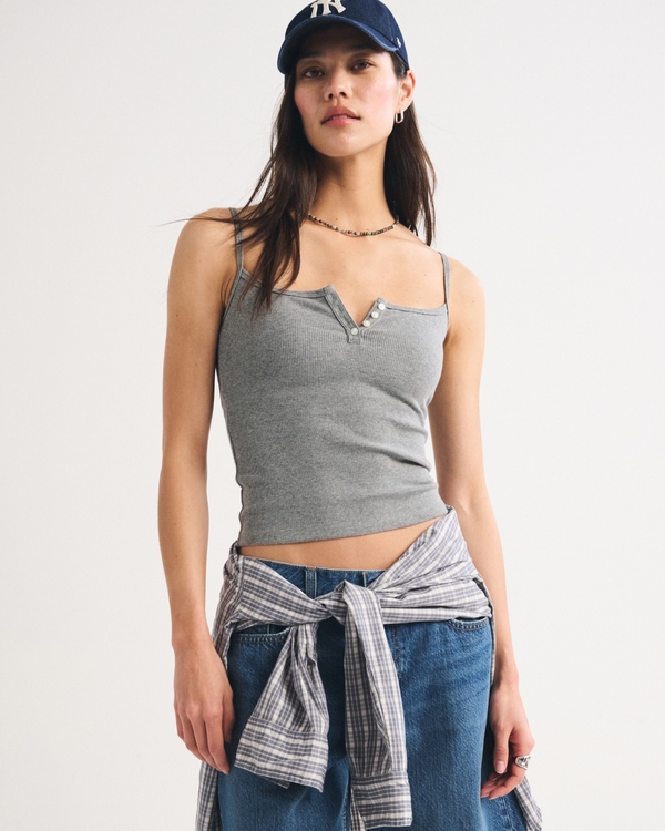Bra-Free Rib Henley Tank, Gray view 1