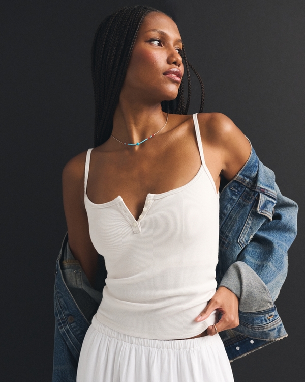 Bra-Free Rib Henley Tank, Cream view 1