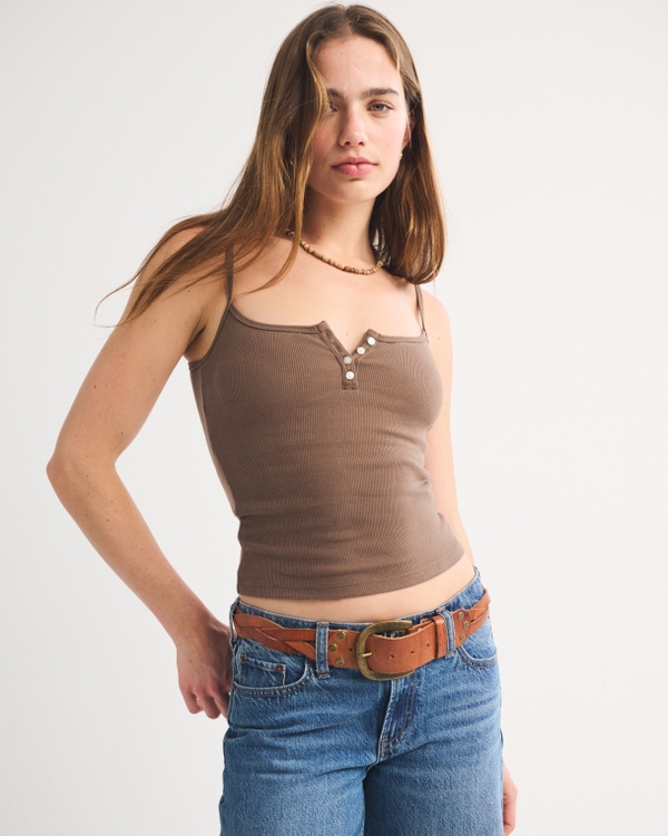 Bra-Free Rib Henley Tank, Brown view 1