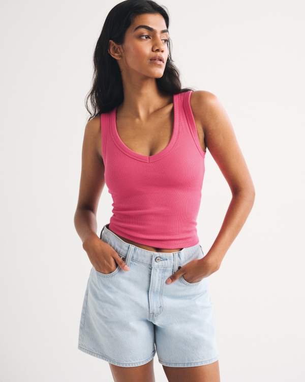 Bra-Free Rib V-Neck Tank, Pink view 1