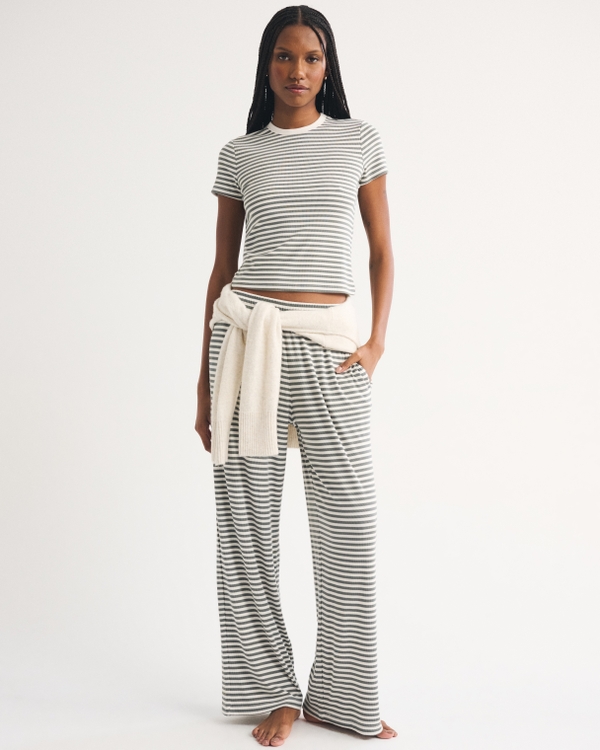 Short-Sleeve Ribbed Lounge Tee, Olive Gray Stripe view 2