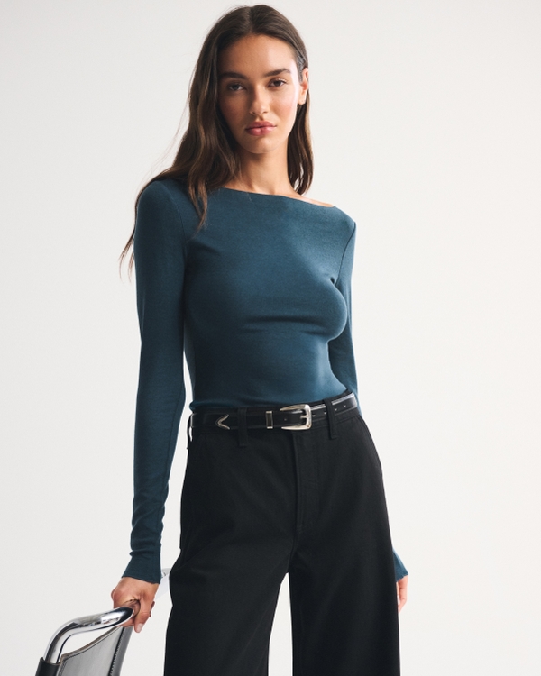 Fine Wool-Blend Boatneck Top, Navy Teal view 1