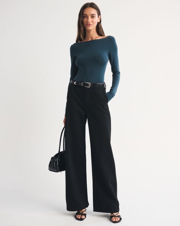 Fine Wool-Blend Boatneck Top, Navy Teal view 2