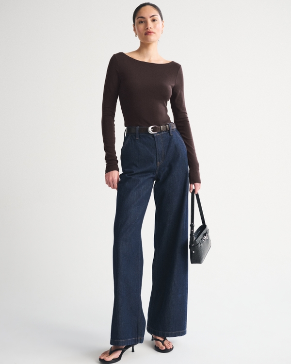 Fine Wool-Blend Boatneck Top, Brown view 2