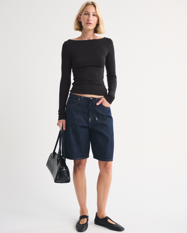 Fine Wool-Blend Boatneck Top, Black view 2