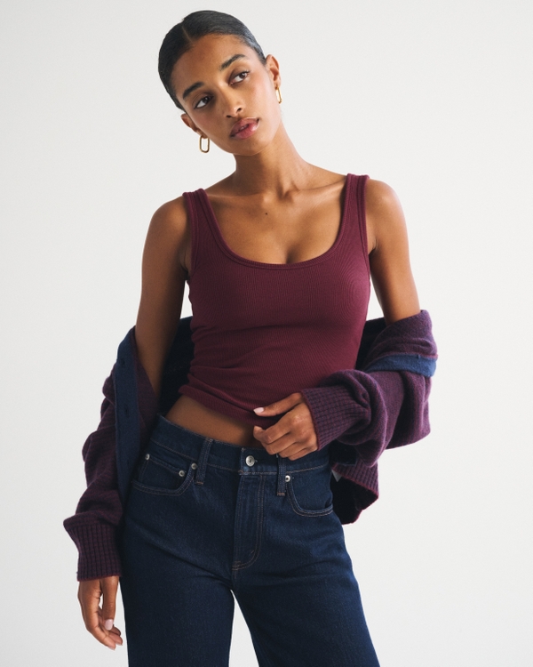 Bra-Free Rib Scoop Neck Tank, Maroon view 1