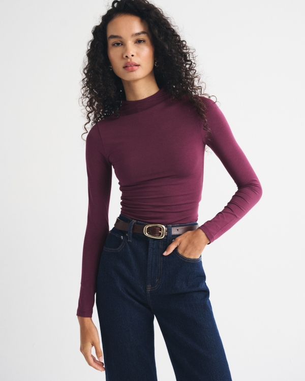 Long-Sleeve Double-Lined Mock Neck Top