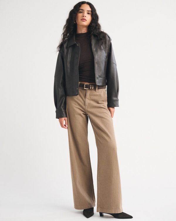 Long-Sleeve Double-Lined Mock Neck Top, Dark Coffee view 2