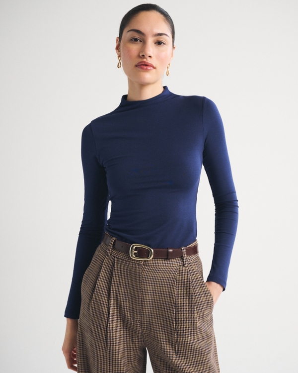 Long-Sleeve Double-Lined Mock Neck Top
