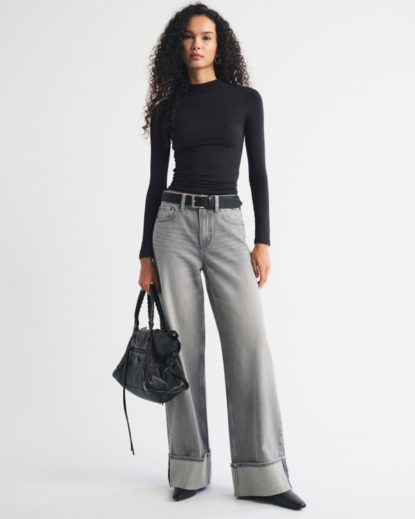 Long-Sleeve Double-Lined Mock Neck Top, Black view 2