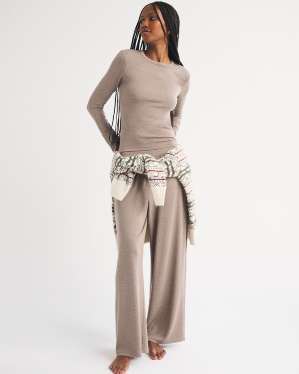 Long-Sleeve Modal-Blend Lounge Tee, Heather Brown view 2