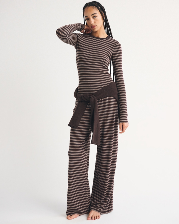 Long-Sleeve Lounge Tee, Brown Stripe view 2