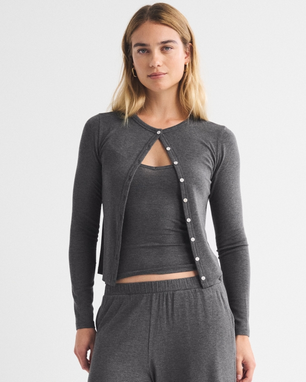 Modal-Blend Lounge Cardigan and Cami Set, Dark Heather Gray view 1