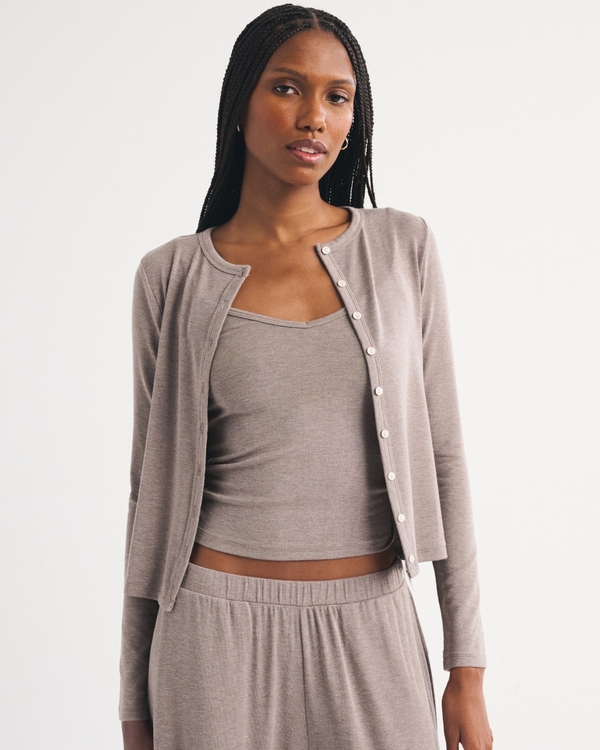 Modal-Blend Lounge Cardigan and Cami Set, Heather Brown view 1