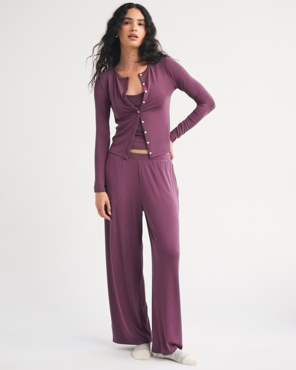 Modal-Blend Lounge Cardigan and Cami Set, Plum view 2