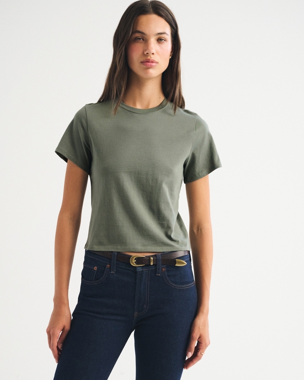 Essential Polished Body-Skimming Tee, Muted Basil view 1