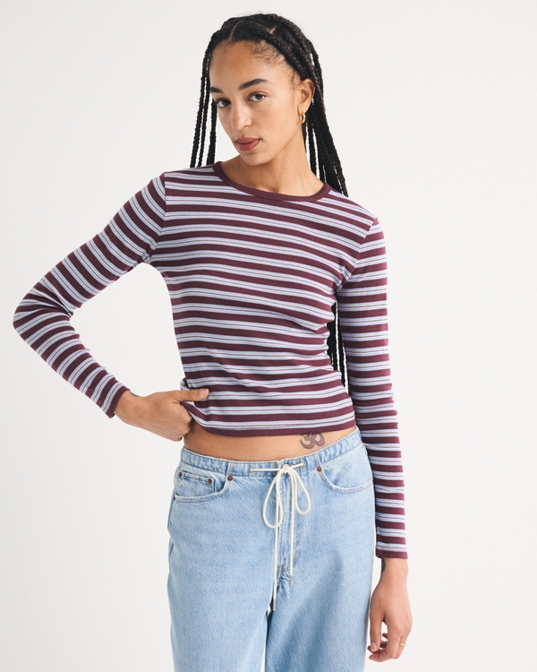 Long-Sleeve Vintage Jersey Baby Tee, Burgundy Stripe view 1