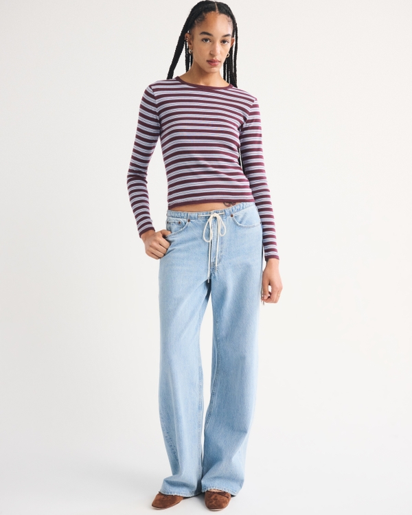 Long-Sleeve Vintage Jersey Baby Tee, Burgundy Stripe view 2
