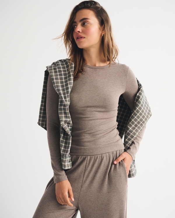 Long-Sleeve Modal-Blend Lounge Tee, Light Brown view 1