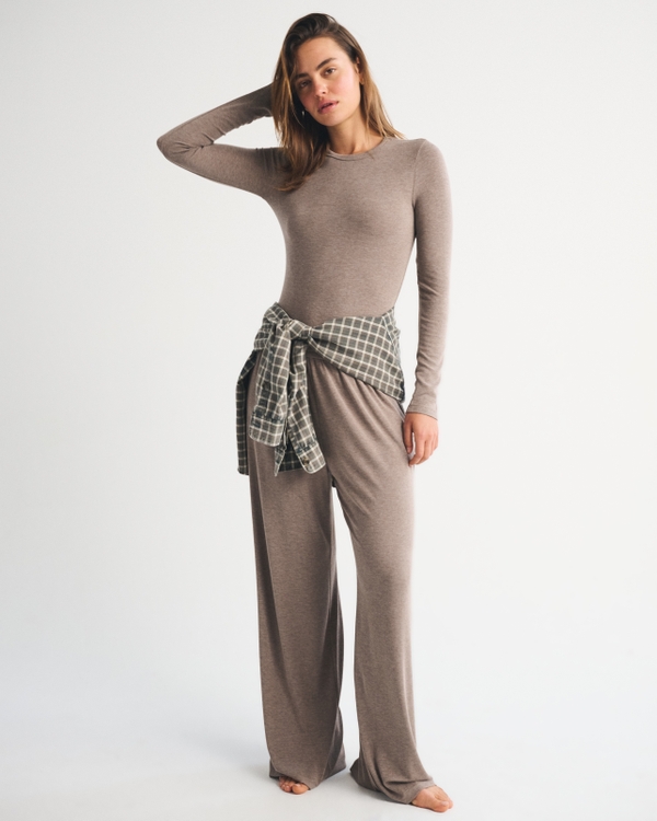 Long-Sleeve Modal-Blend Lounge Tee, Light Brown view 2