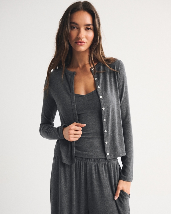 Modal-Blend Lounge Cardigan Tank Set, Dark Heather Gray view 1