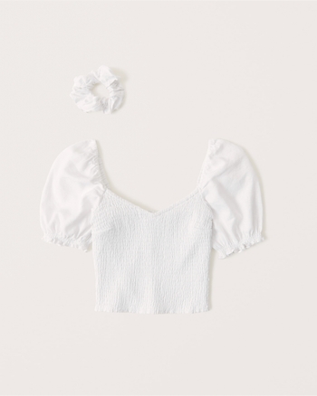 Women's Smocked Puff Sleeve Linen Set Top Women's Clearance