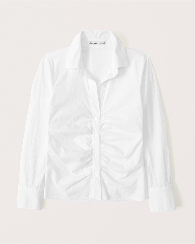 Abercrombie & Fitch Long-Sleeve Button-Through Ruched Poplin Top