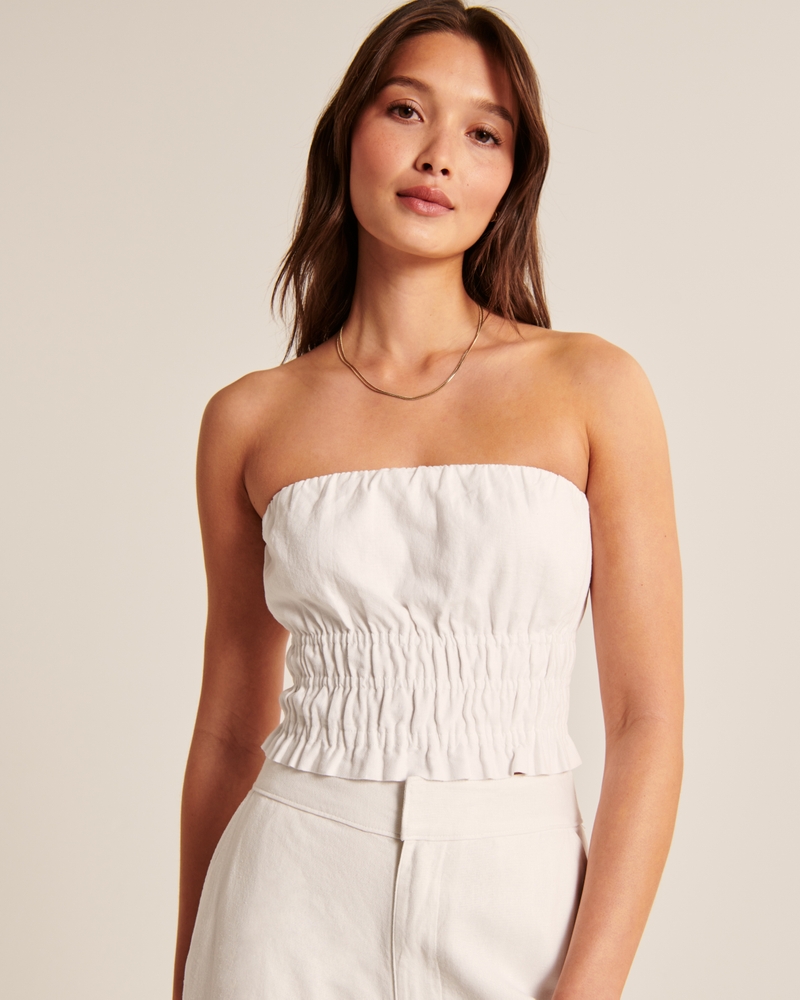 Strapless Linen-Blend Ruched Top