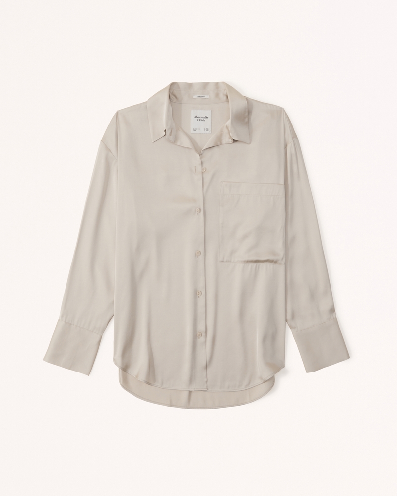 Abercrombie & Fitch Women's Long-Sleeve Oversized Satin Button-Up Shirt in Beige - Size XXS