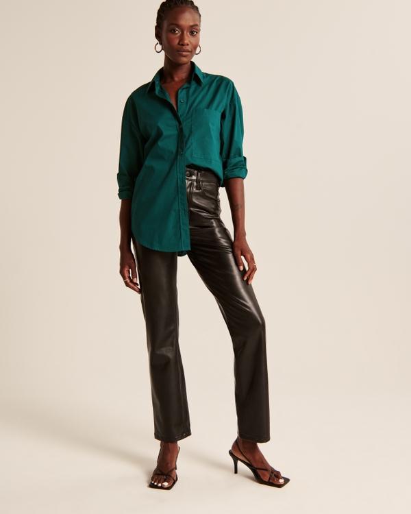 Oversized Poplin Button-Up Shirt, Green