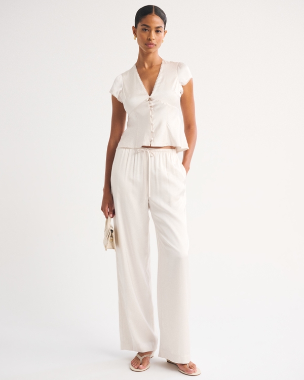 Lace-Trim Satin Button-Up Blouse, Cream view 2