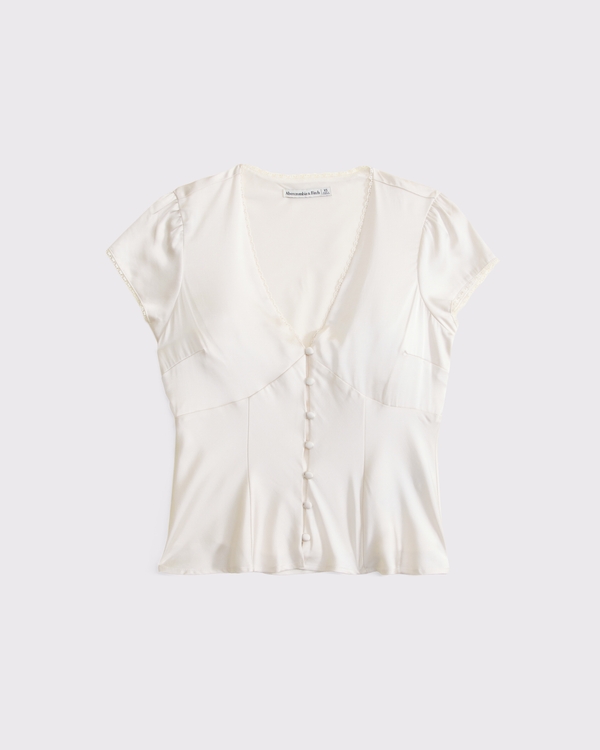 Lace-Trim Satin Button-Up Blouse, Cream view 1