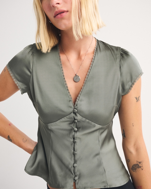 Lace-Trim Satin Button-Up Blouse, Olive Gray view 2