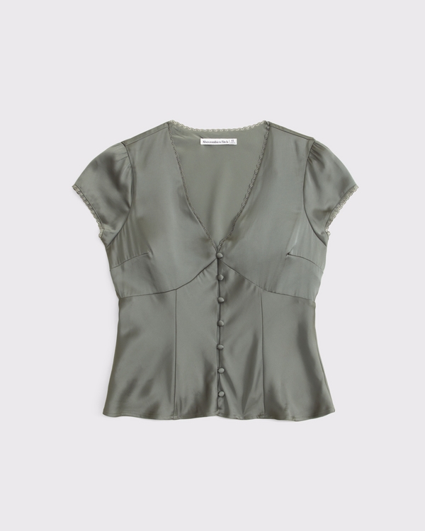 Lace-Trim Satin Button-Up Blouse, Olive Gray view 1