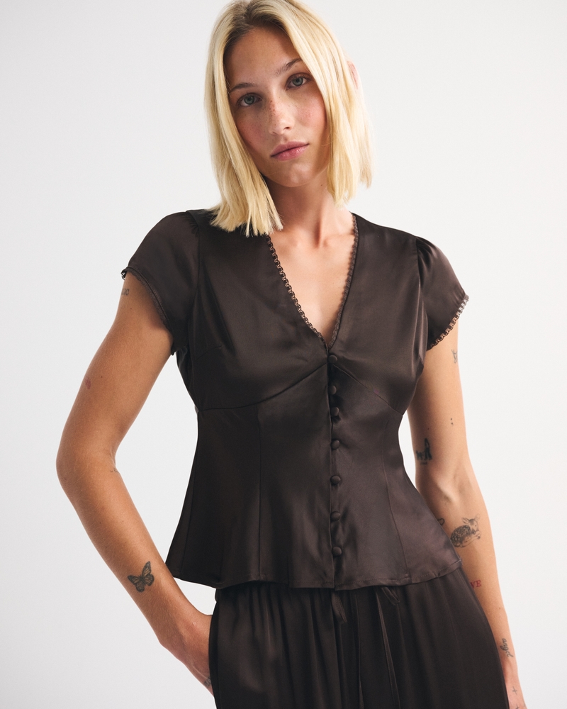 Lace-Trim Satin Button-Up Blouse - thumbnail 2