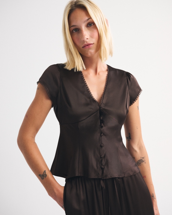 Lace-Trim Satin Button-Up Blouse, Dark Coffee view 1