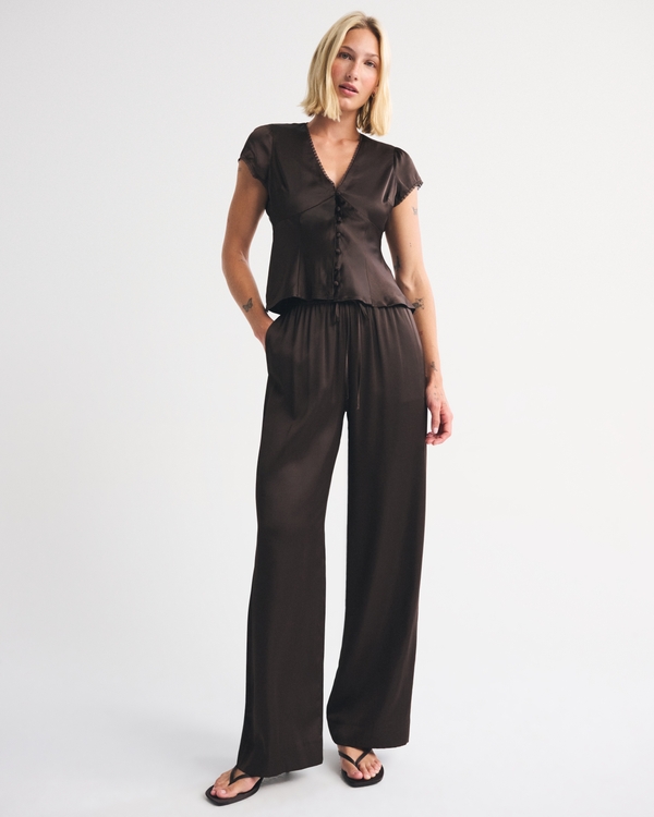 Lace-Trim Satin Button-Up Blouse, Dark Coffee view 2
