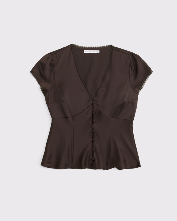 Lace-Trim Satin Button-Up Blouse, Dark Coffee view 1