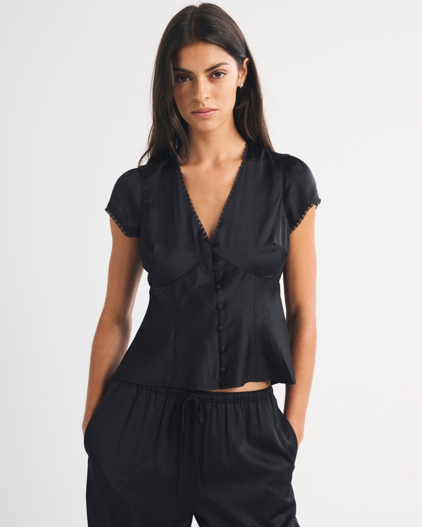 Lace-Trim Satin Button-Up Blouse, Black view 1