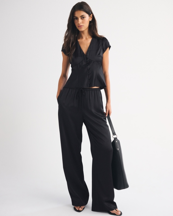 Lace-Trim Satin Button-Up Blouse, Black view 2