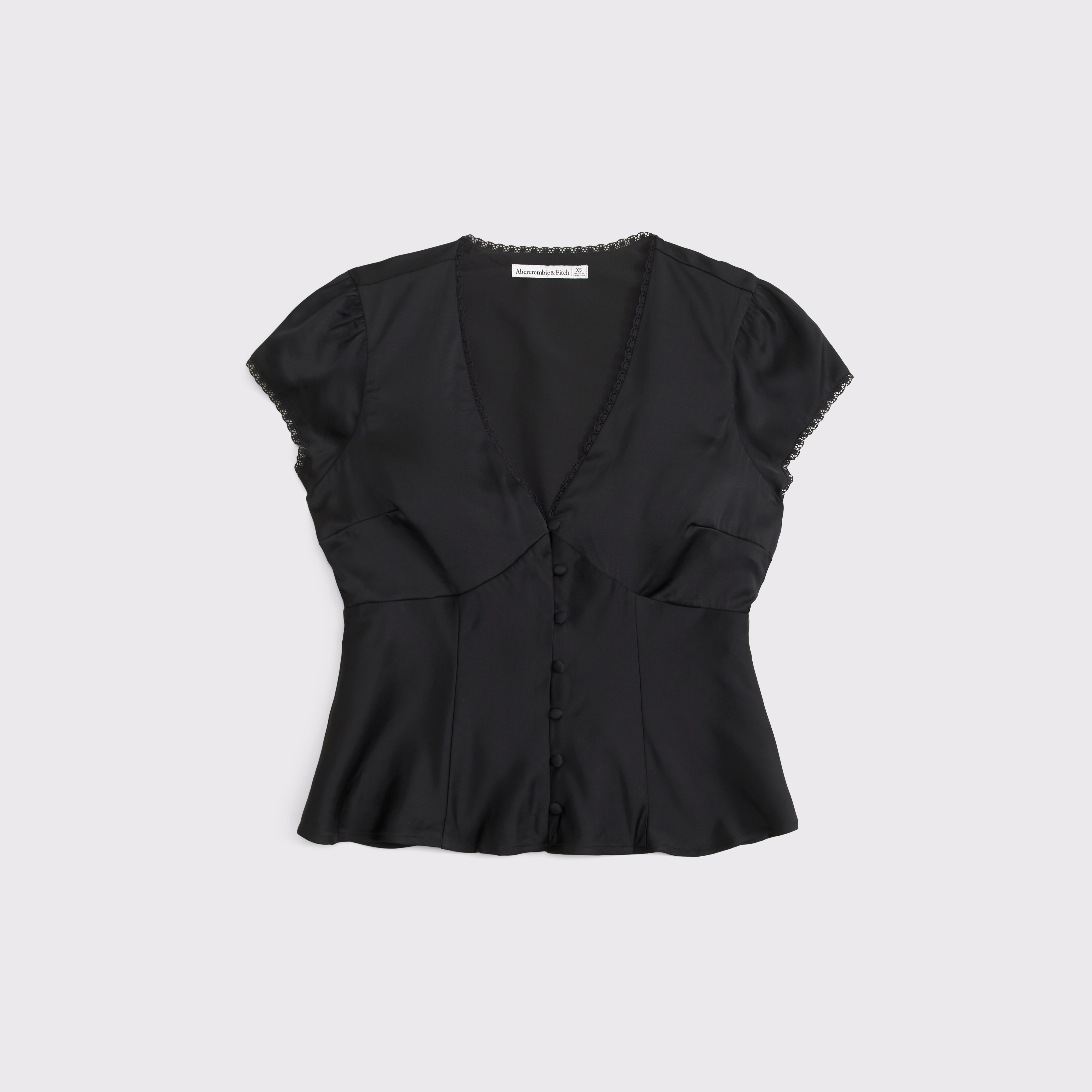 Женская блузка Abercrombie & Fitch Lace-Trim Satin Button-Up Blouse, цвет: Чёрный — фото 1