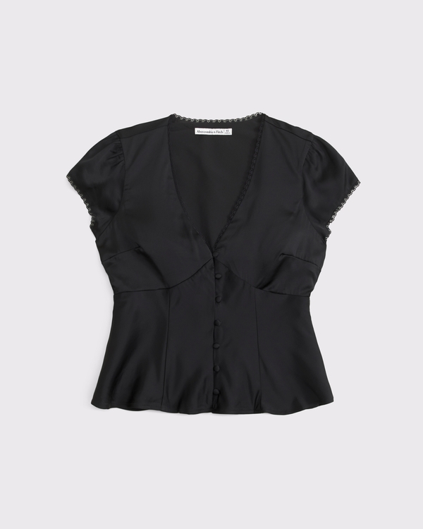 Lace-Trim Satin Button-Up Blouse, Black view 1